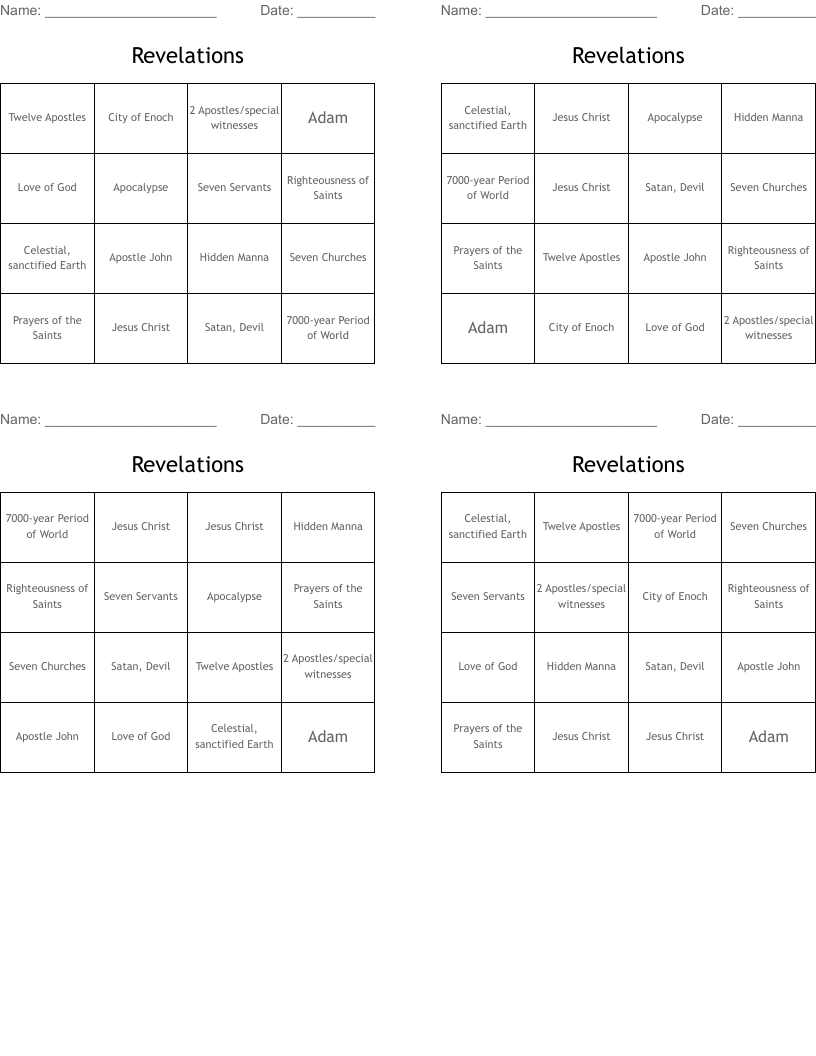 Revelations  Bingo Cards