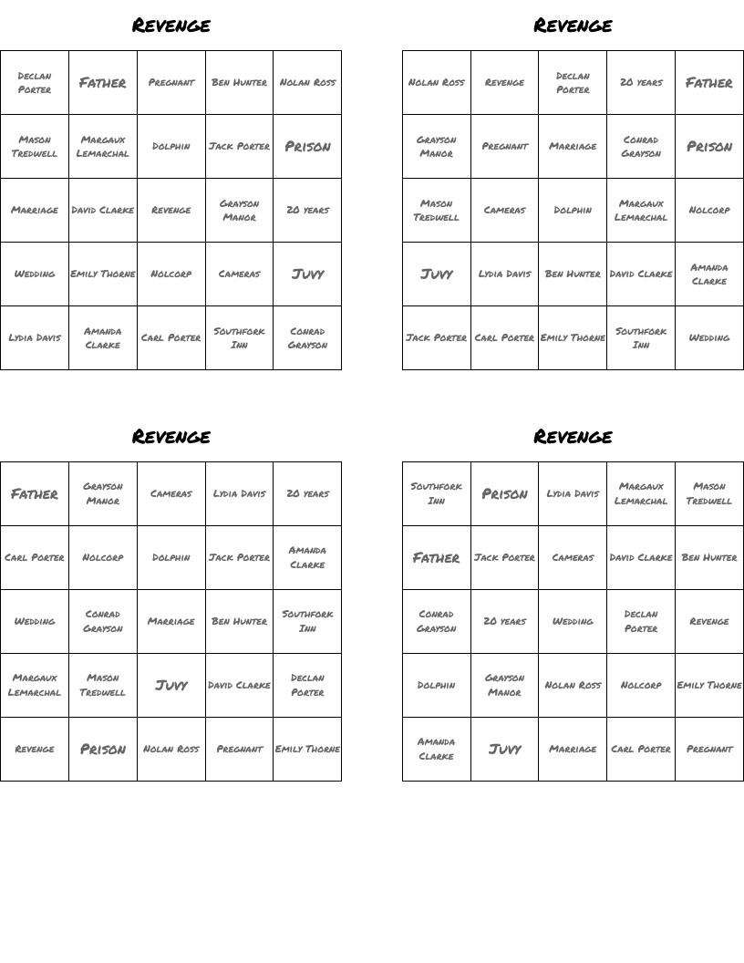 Revenge Bingo Cards