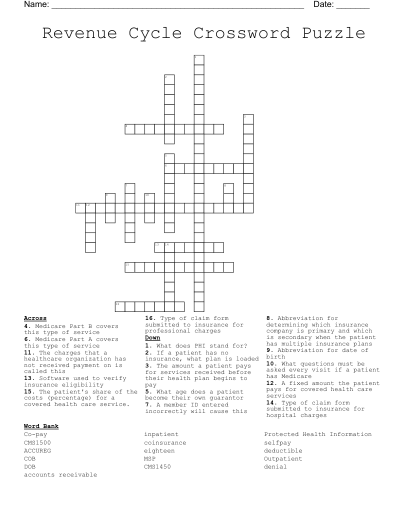 Revenue Cycle Crossword Puzzle