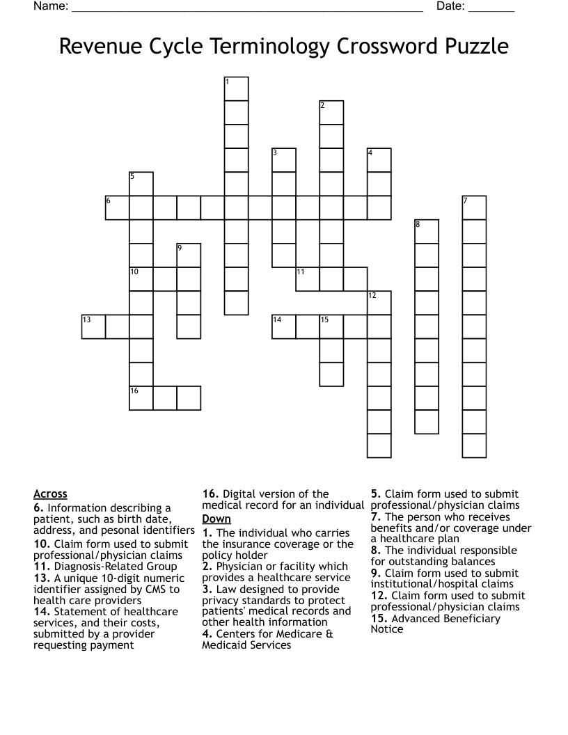 Revenue Cycle Terminology Crossword Puzzle
