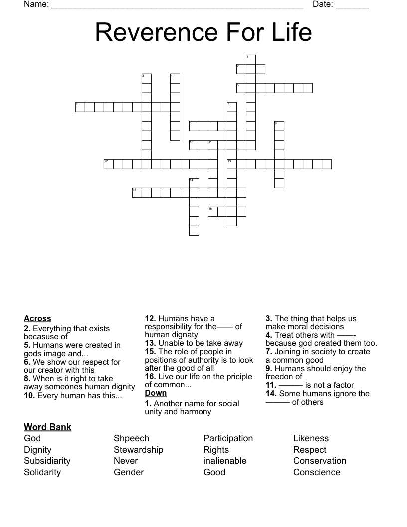 Reverence For Life Crossword