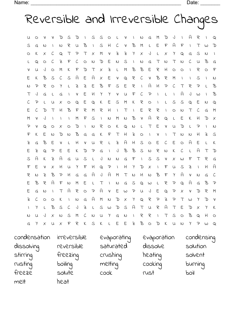Reversible and Irreversible Changes Word Search