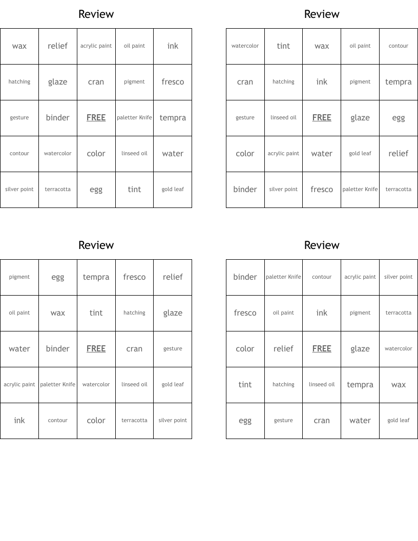 Review Bingo Cards