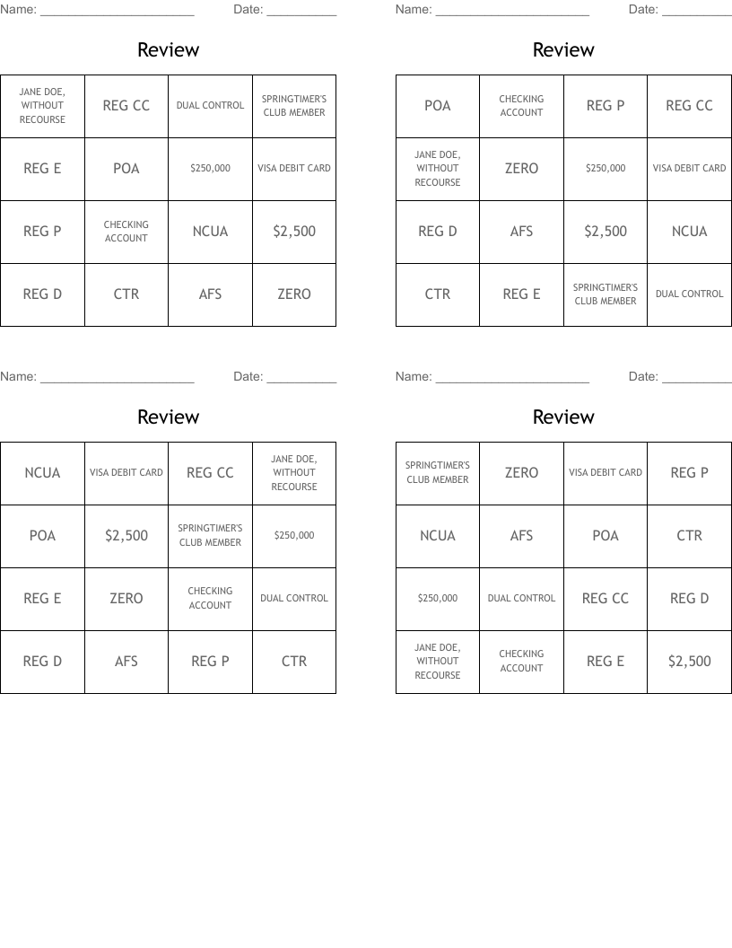 Review Bingo Cards
