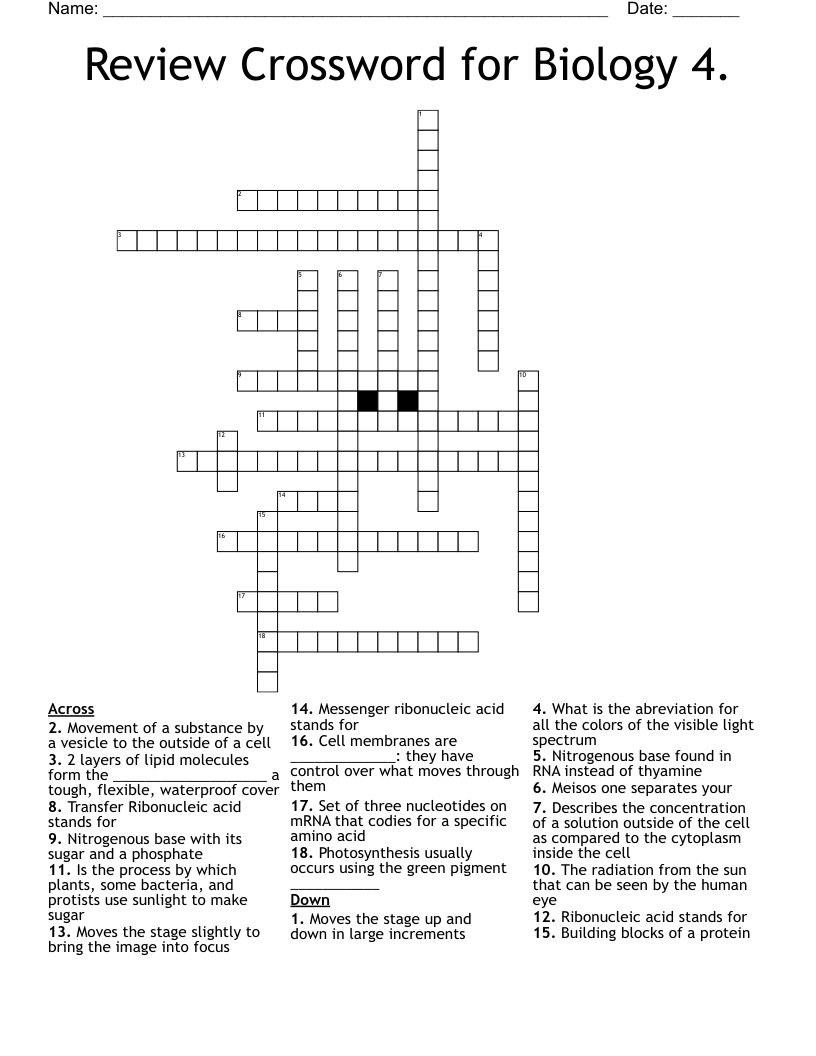 Review Crossword for Biology 4.