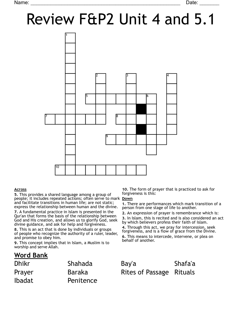 Review F&P2 Unit 4 and 5.1 Crossword