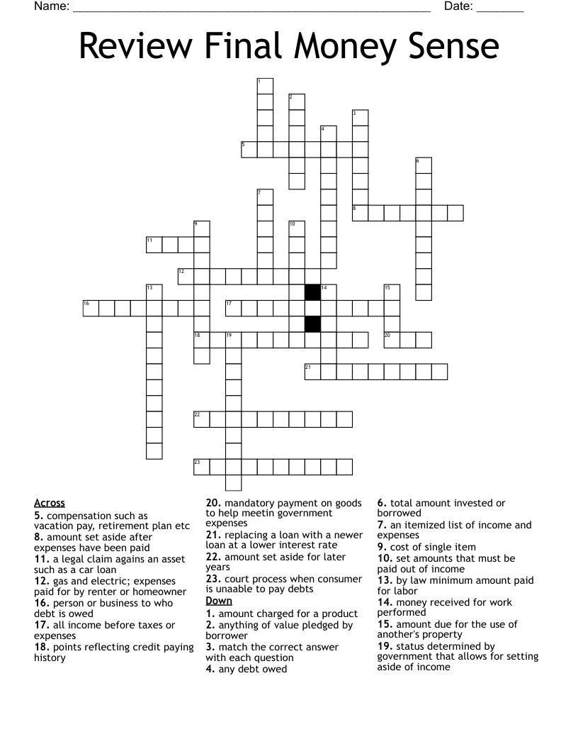 Review Final Money Sense Crossword