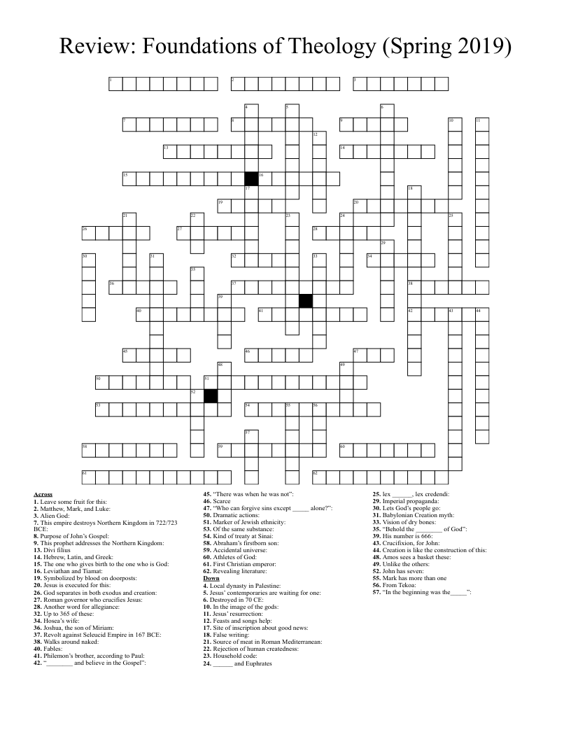Review: Foundations of Theology (Spring 2019) Crossword