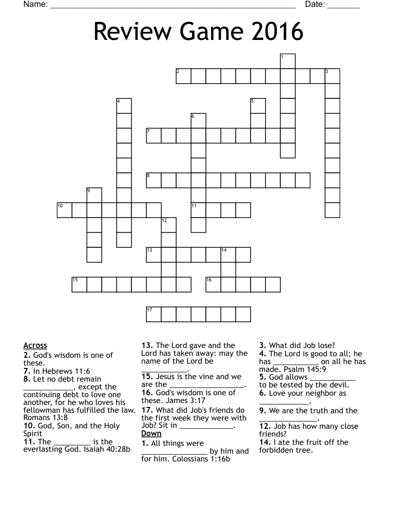 Review Game 2016 Crossword