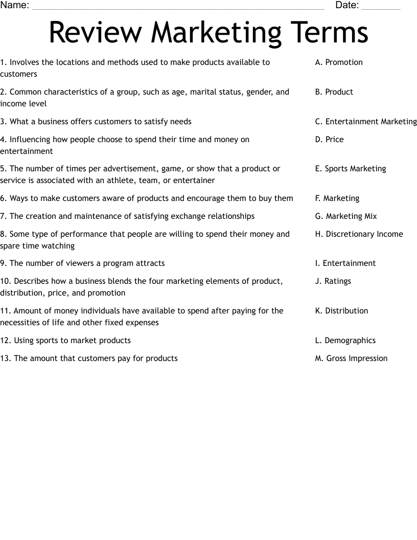 Review Marketing Terms Worksheet