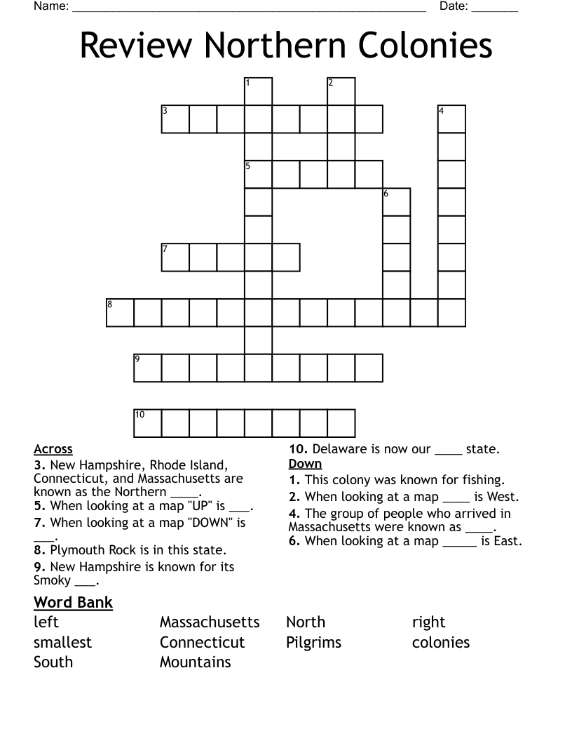 Review Northern Colonies Crossword
