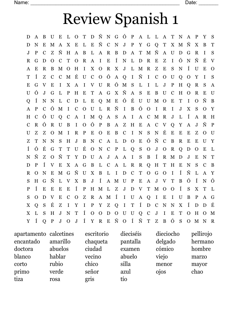 Review Spanish 1 Word Search