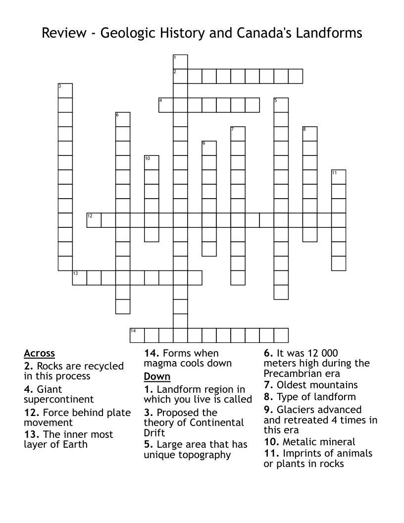 Review - Geologic History and Canada's Landforms Crossword