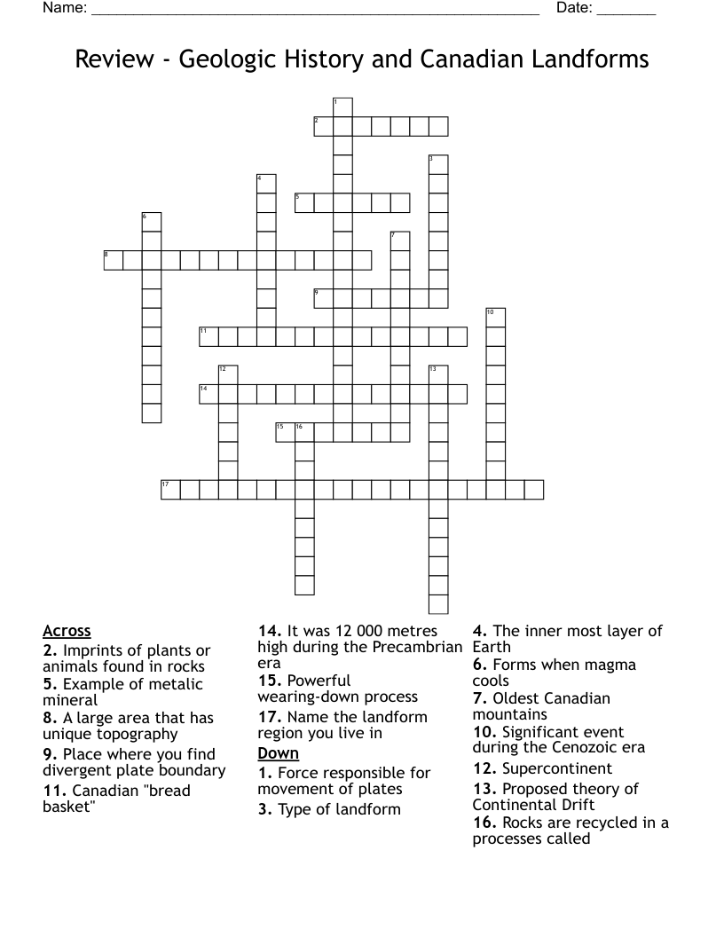 Review - Geologic History and Canadian Landforms Crossword
