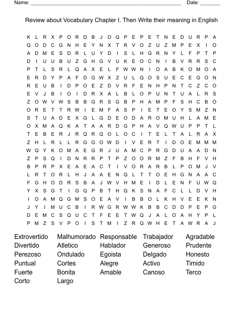 Review about Vocabulary Chapter I. Then Write their meaning in English Word Search