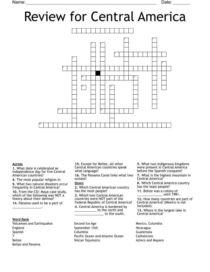 Review for Central America Crossword