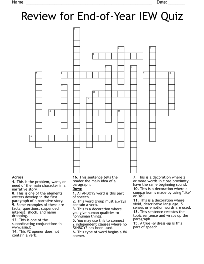 Review for End-of-Year IEW Quiz Crossword