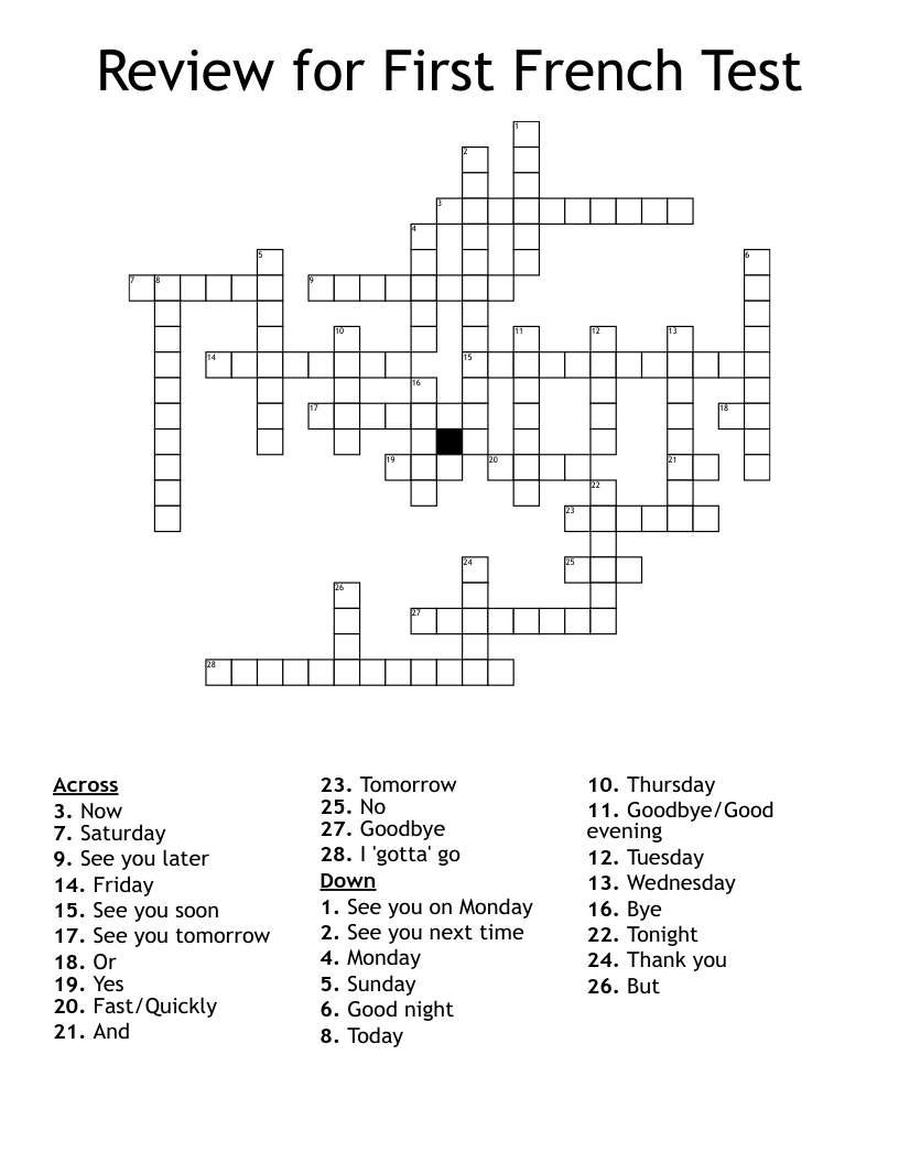 Review for First French Test Crossword