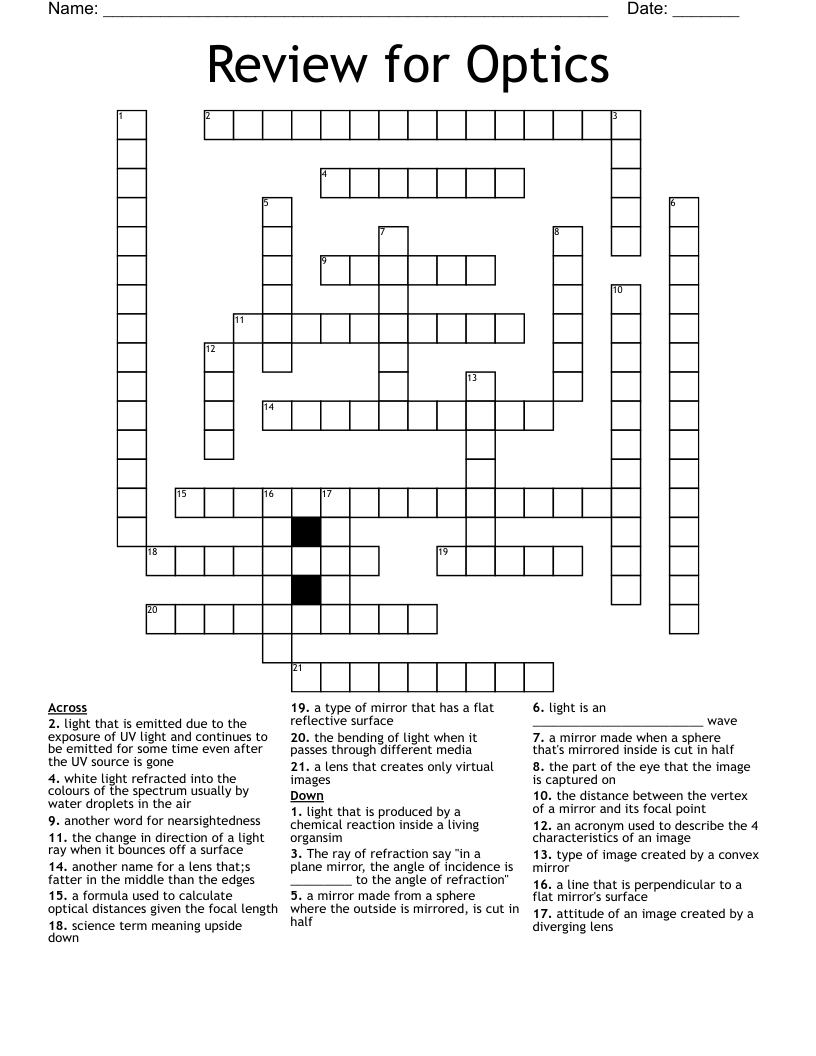 Review for Optics Crossword