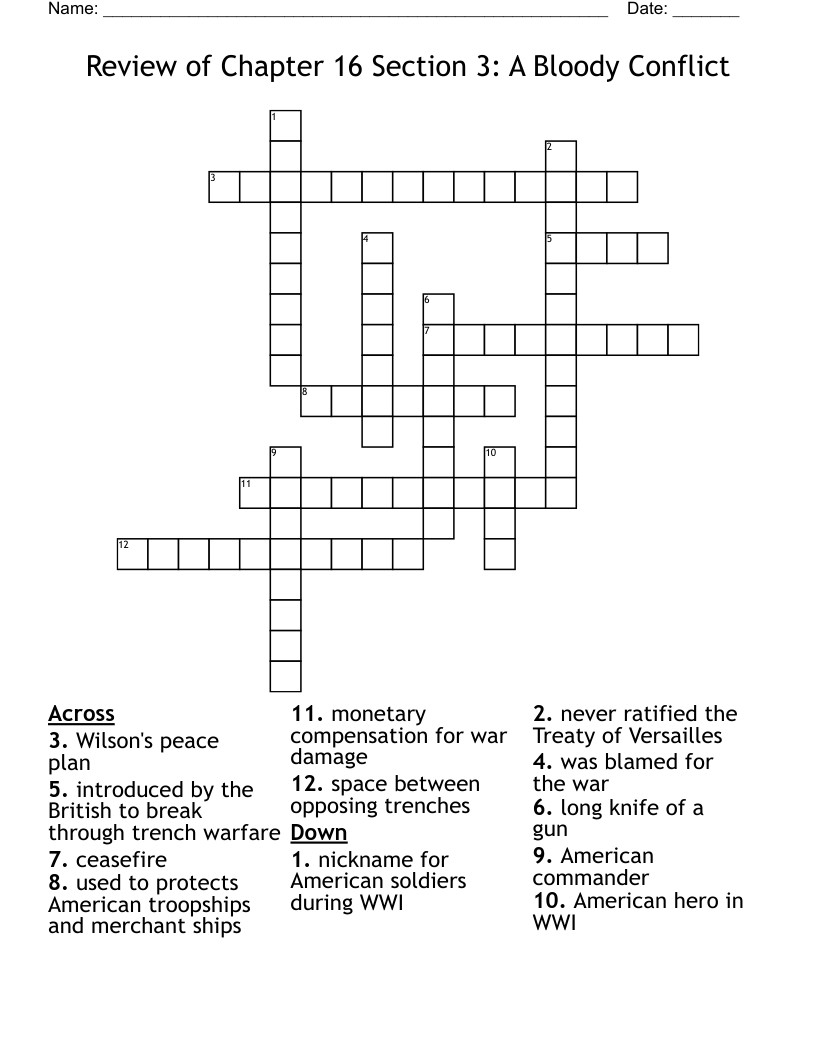 Review of Chapter 16 Section 3: A Bloody Conflict Crossword