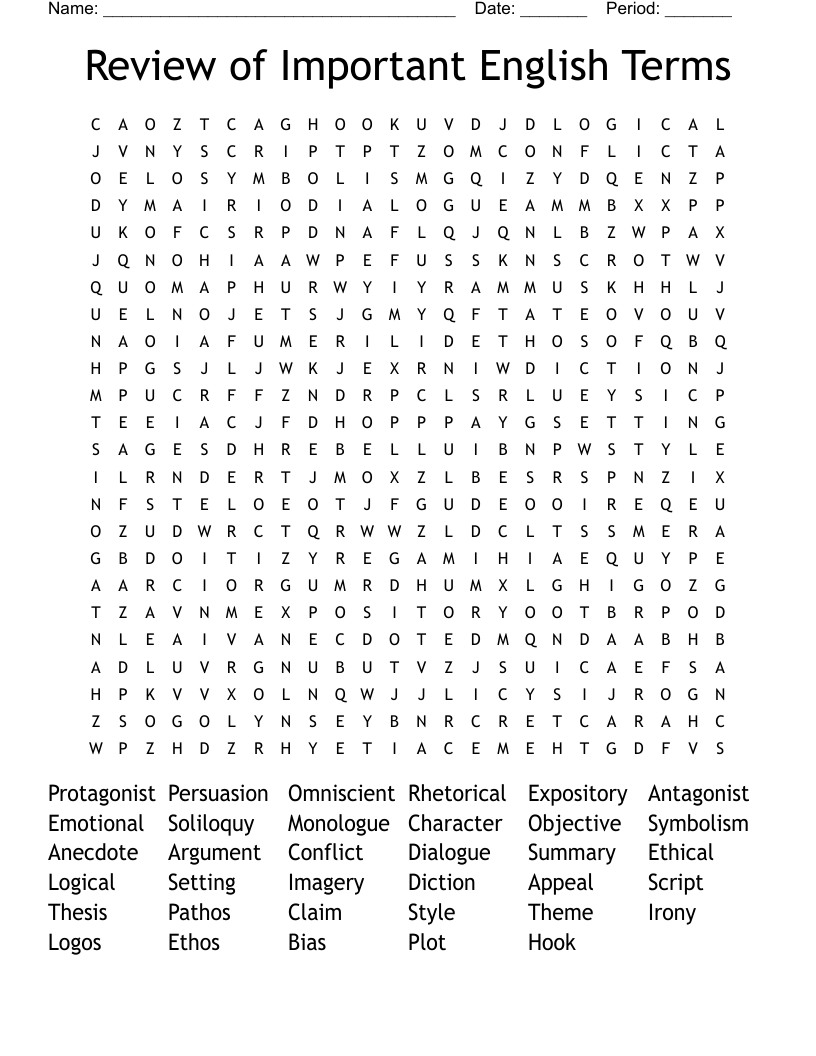 Review of Important English Terms Word Search