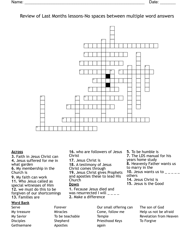 Review of Last Months lessons-No spaces between multiple word answers Crossword