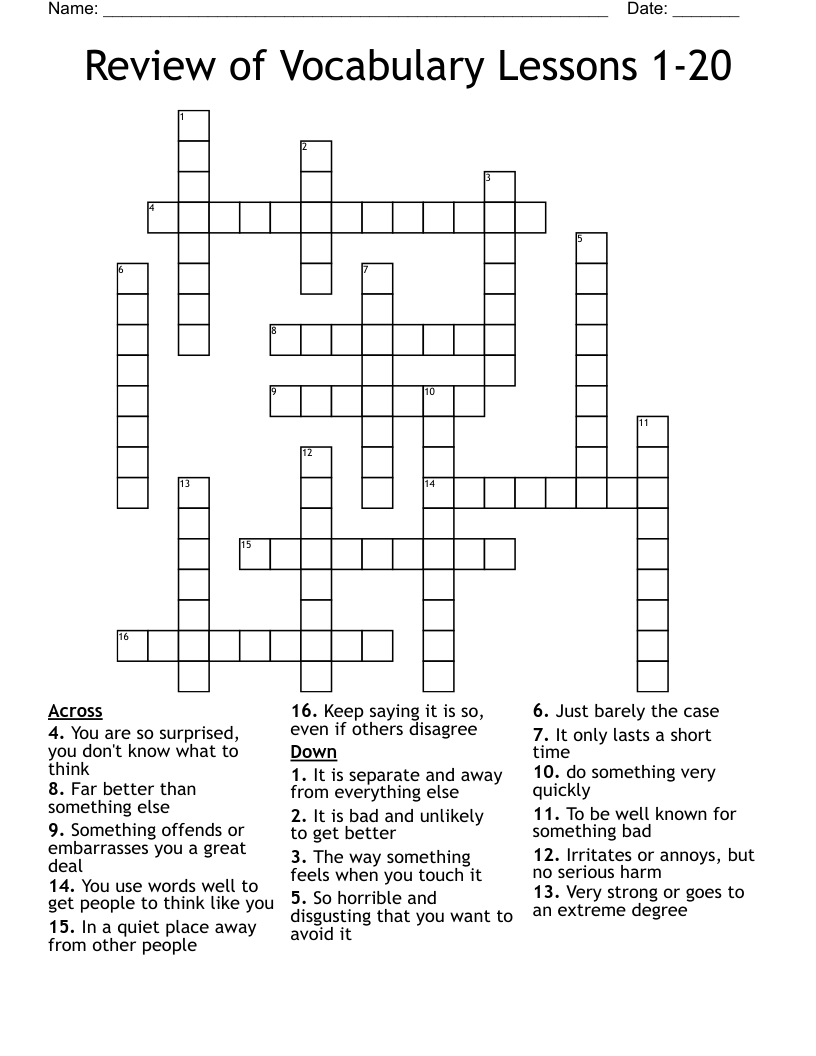 Review of Vocabulary Lessons 1-20 Crossword
