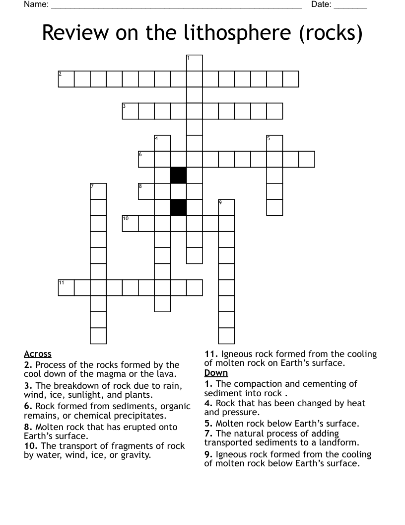 Review on the lithosphere (rocks) Crossword