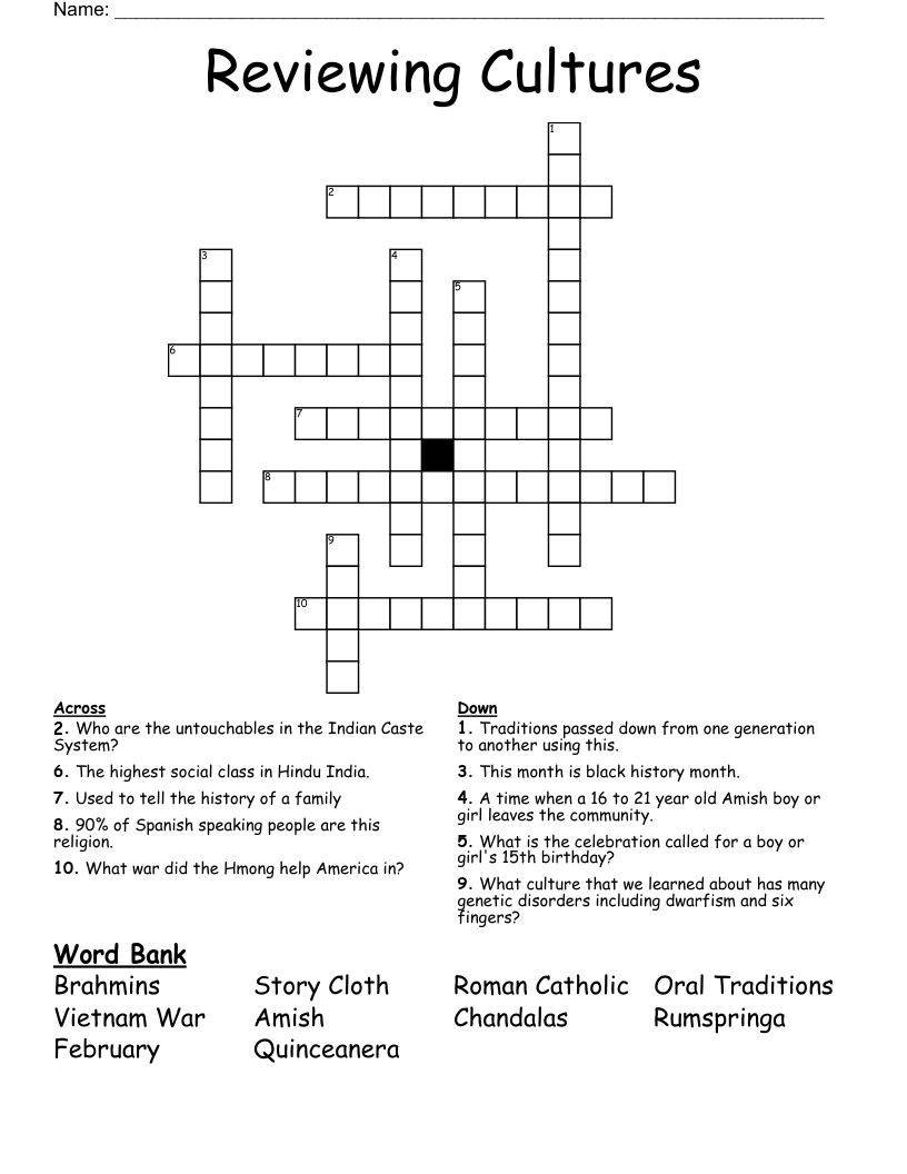 Reviewing Cultures Crossword