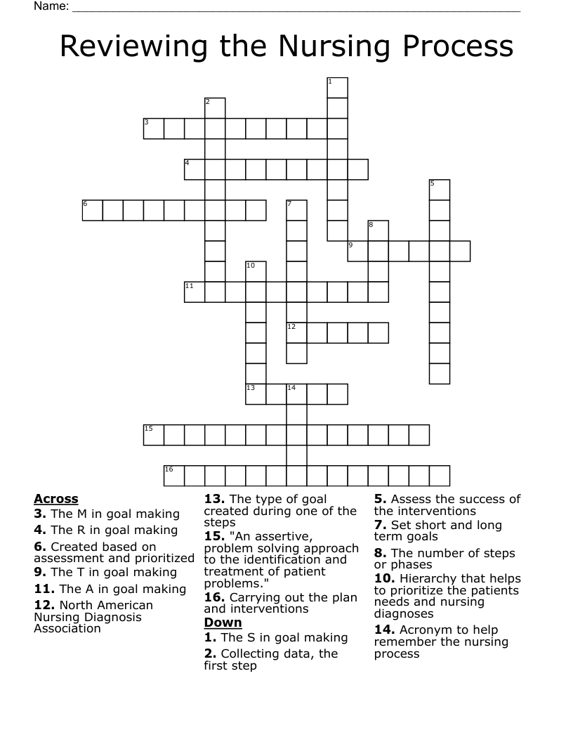 Reviewing the Nursing Process Crossword
