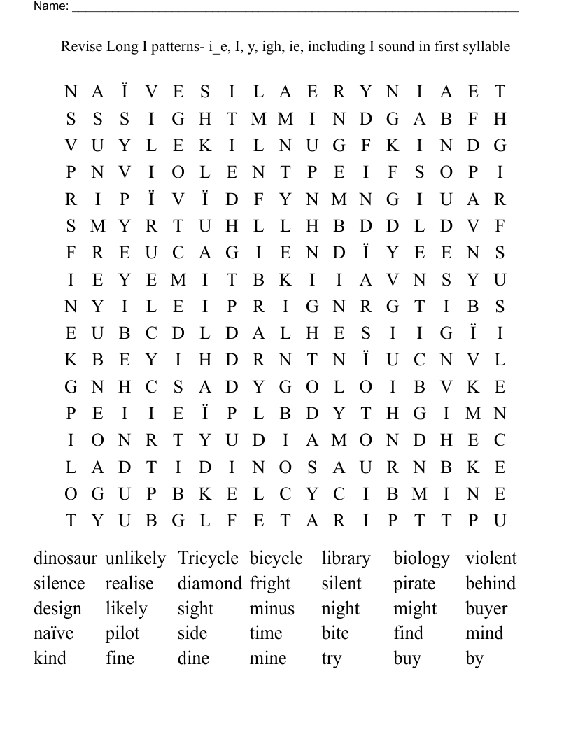 Revise Long I patterns- i_e, I, y, igh, ie,  including I sound in first syllable Word Search