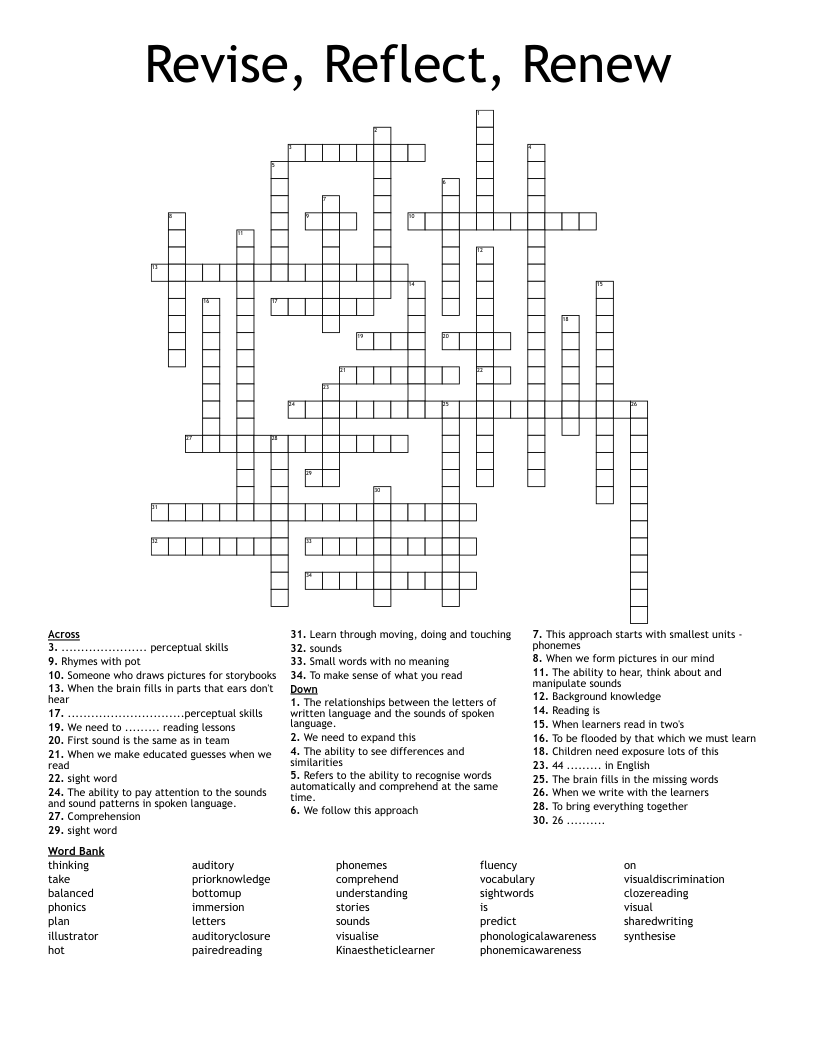 Revise, Reflect, Renew Crossword