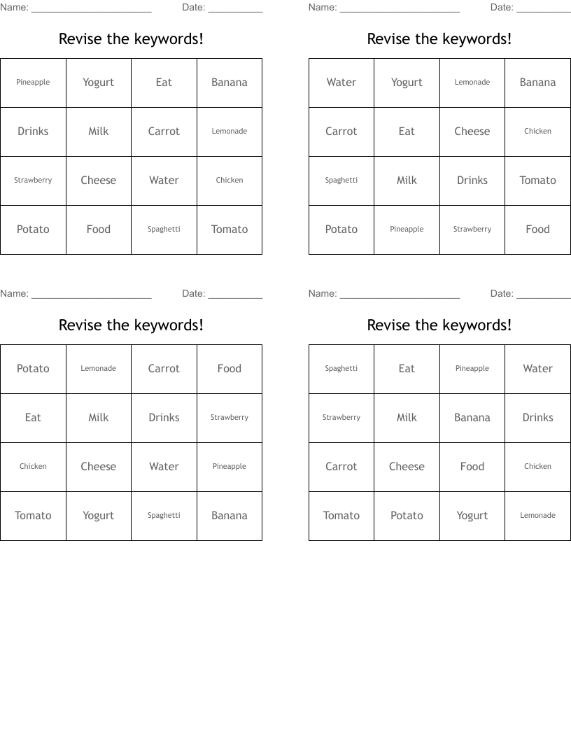 Revise the keywords! Bingo Cards
