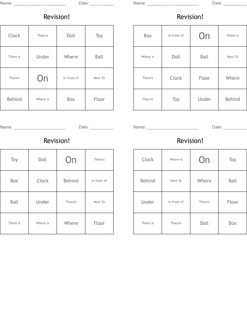 Revision! Bingo Cards
