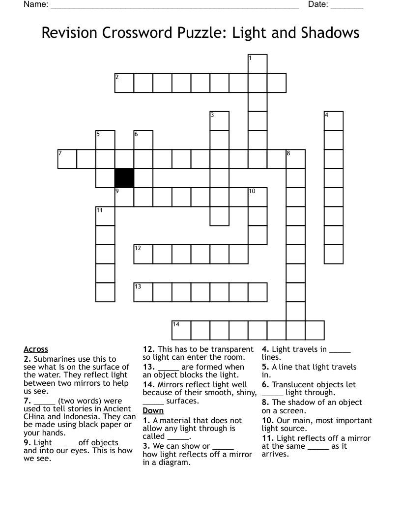 Revision Crossword Puzzle: Light and Shadows
