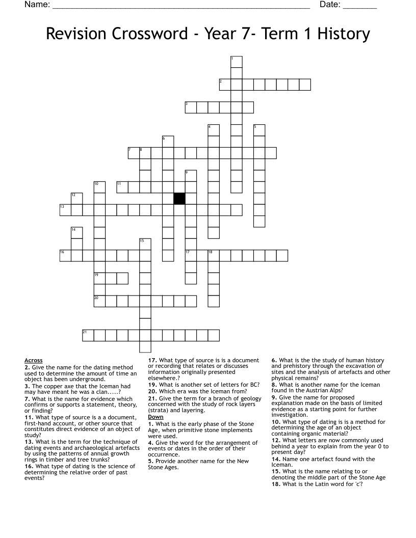 Revision Crossword - Year 7-  Term 1 History