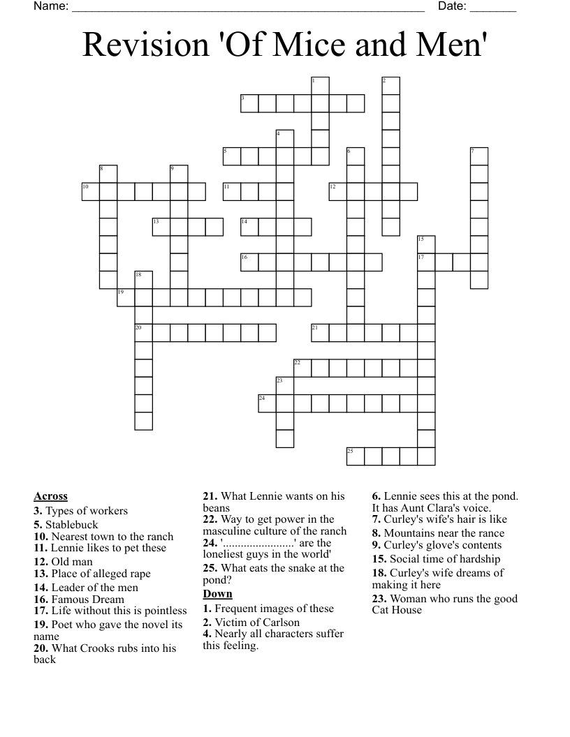 Revision 'Of Mice and Men' Crossword