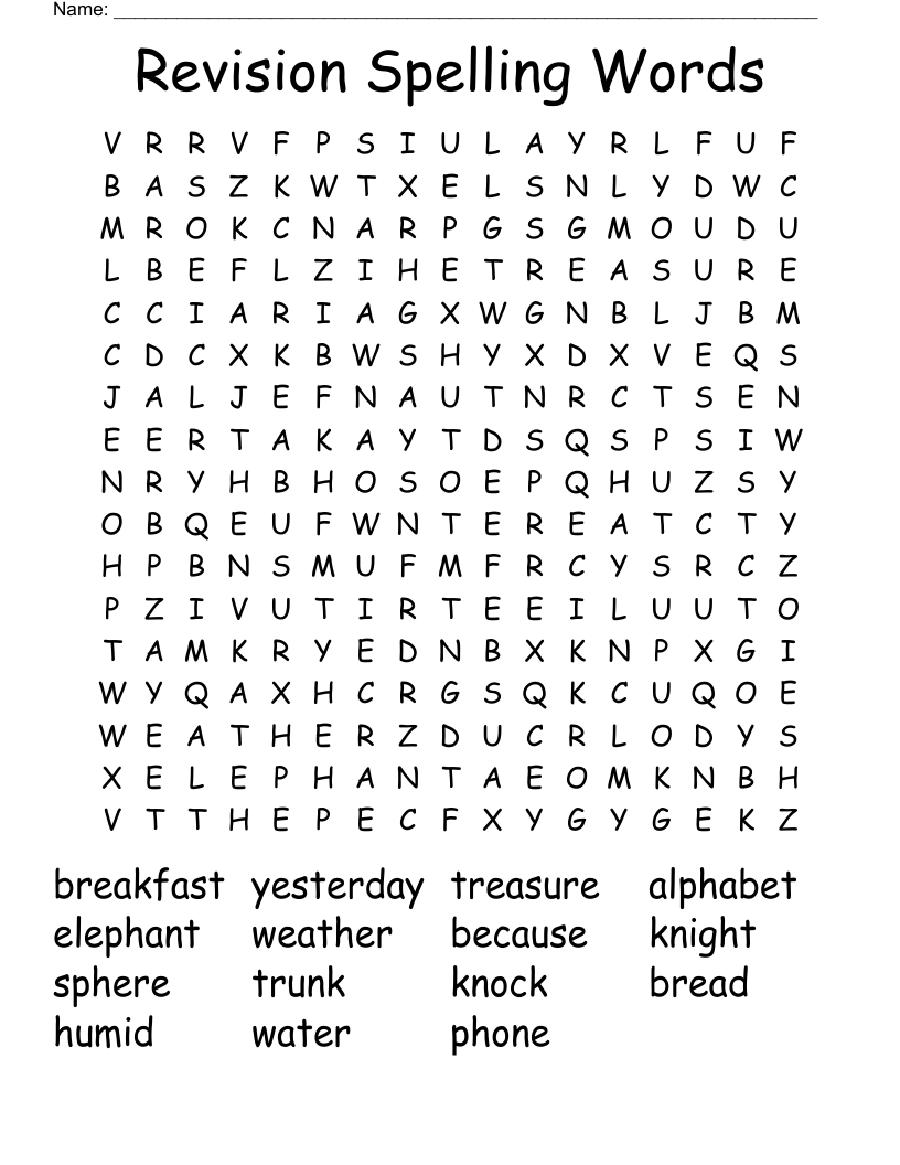 Revision Spelling Words Word Search