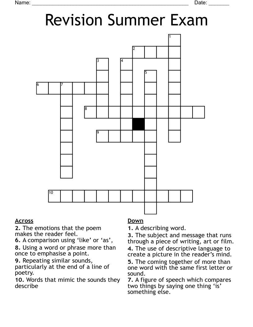 Revision Summer Exam Crossword