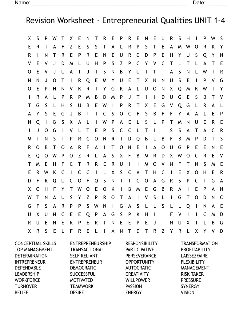 Revision Worksheet - Entrepreneurial Qualities UNIT 1-4 Word Search