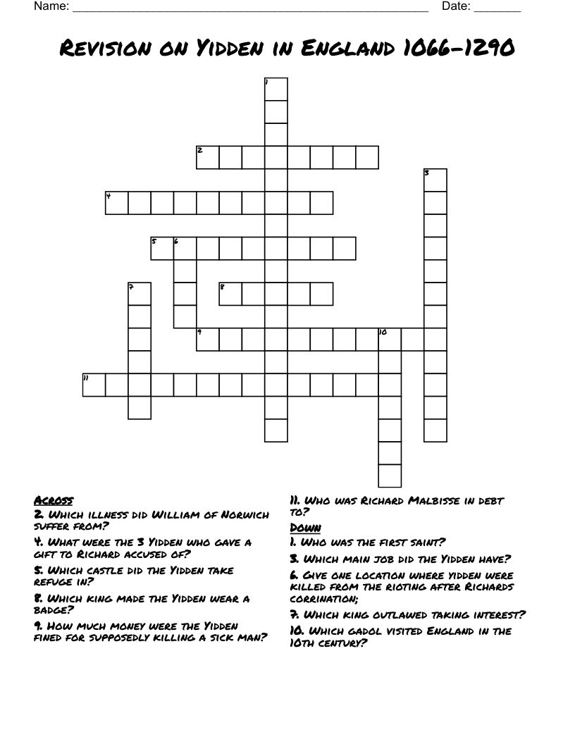 Revision on Yidden in England 1066-1290 Crossword