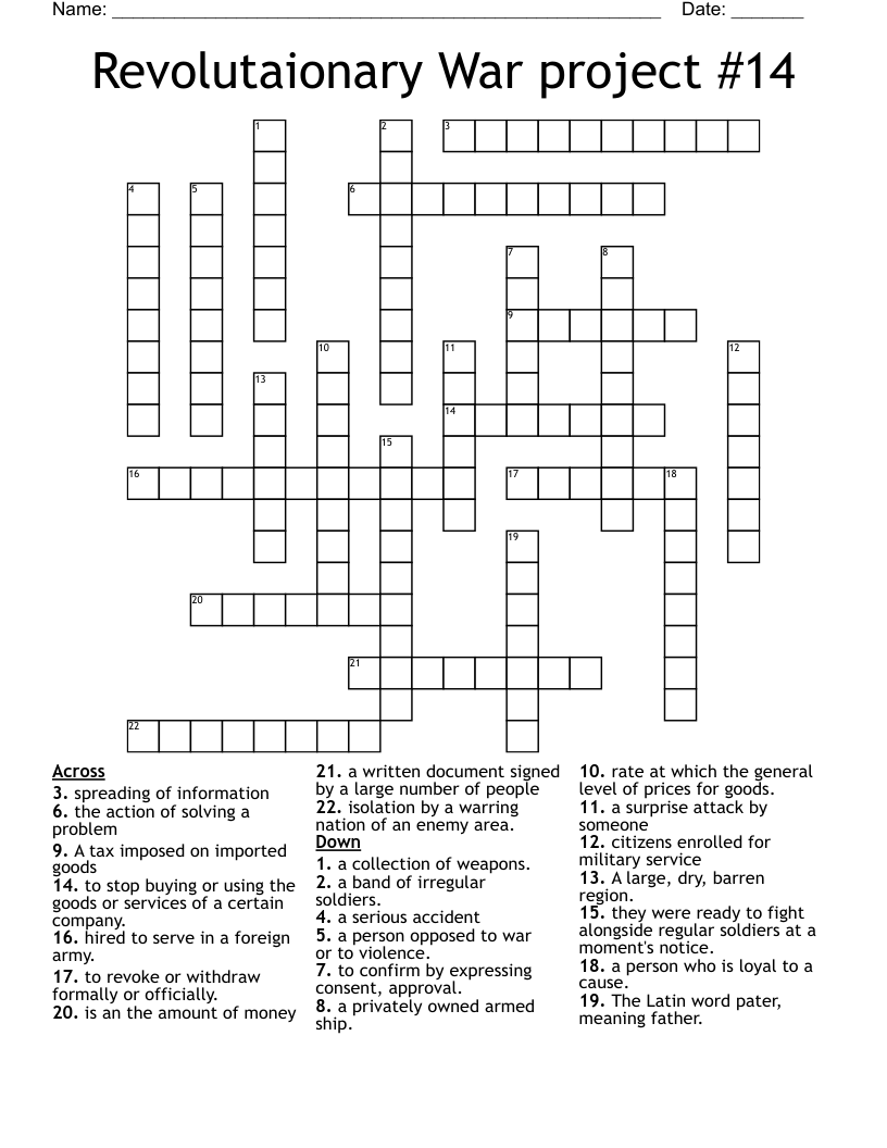 Revolutaionary War project #14 Crossword