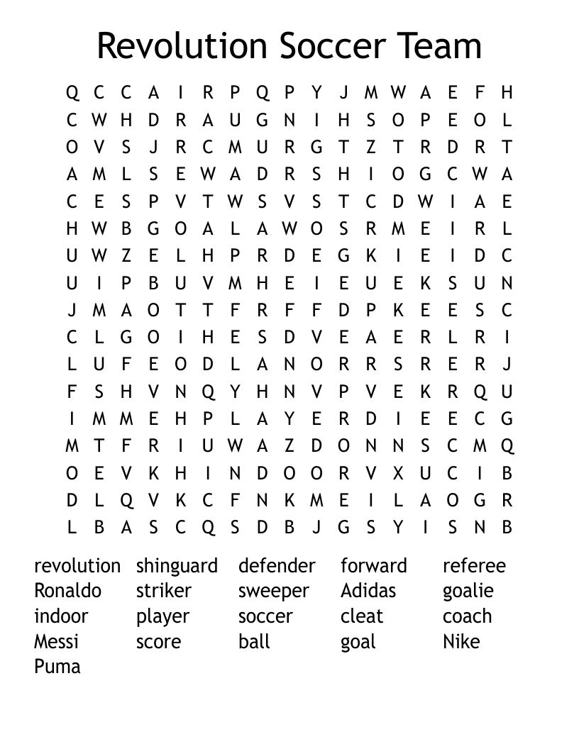 Revolution Soccer Team Word Search