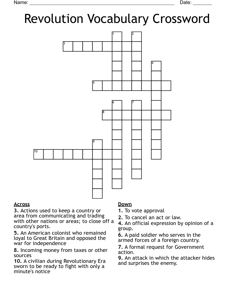 Revolution Vocabulary Crossword