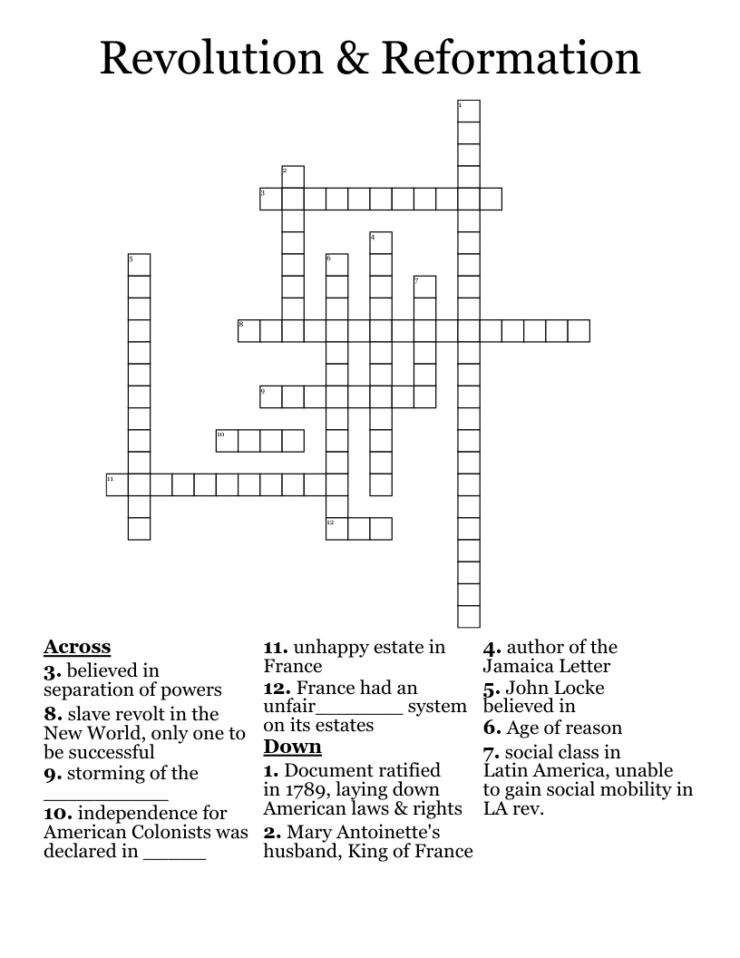 Revolution & Reformation Crossword