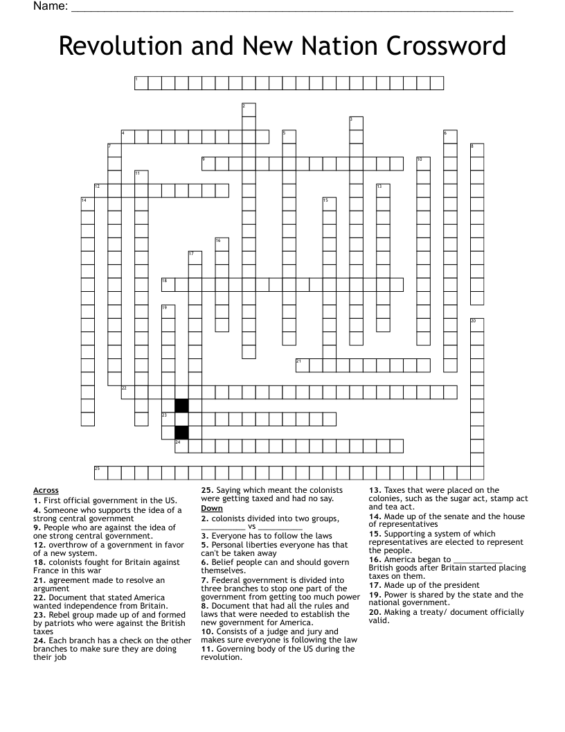 Revolution and New Nation Crossword