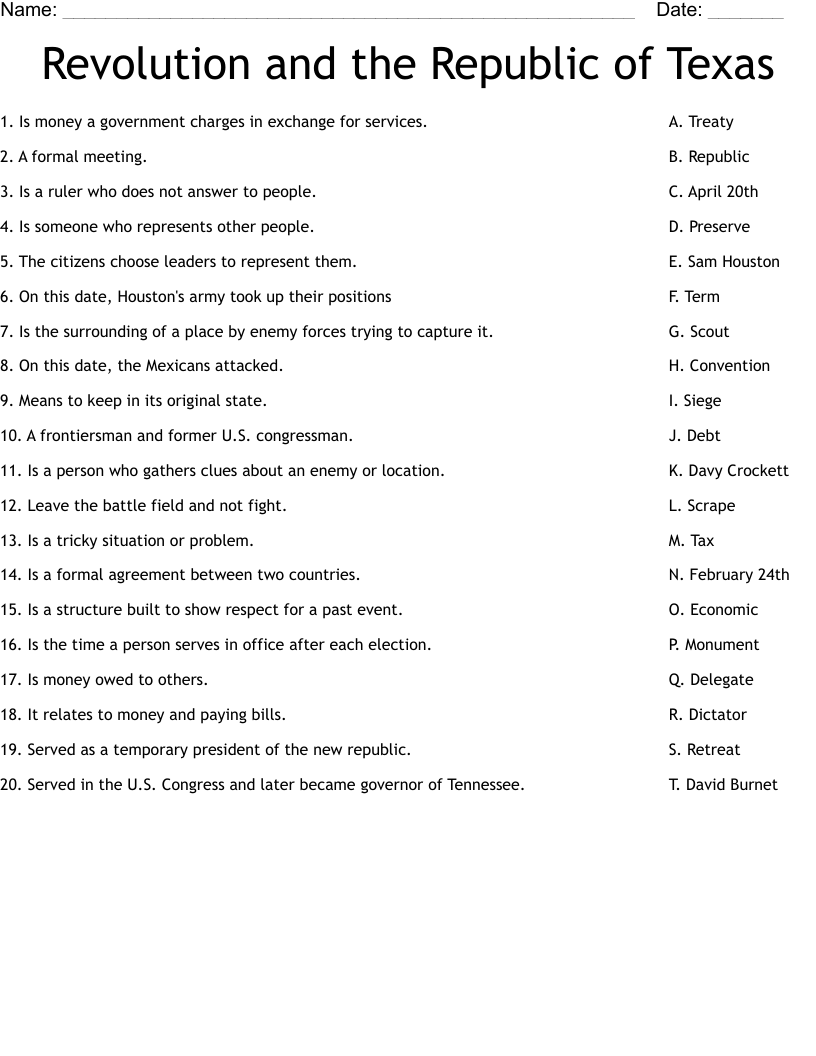 Revolution and the Republic of Texas Worksheet