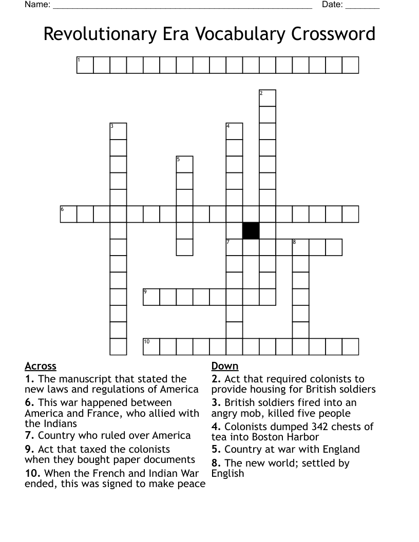 Revolutionary Era Vocabulary Crossword