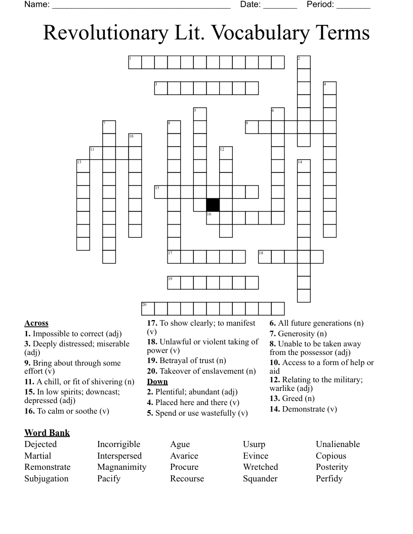 Revolutionary Lit. Vocabulary Terms Crossword