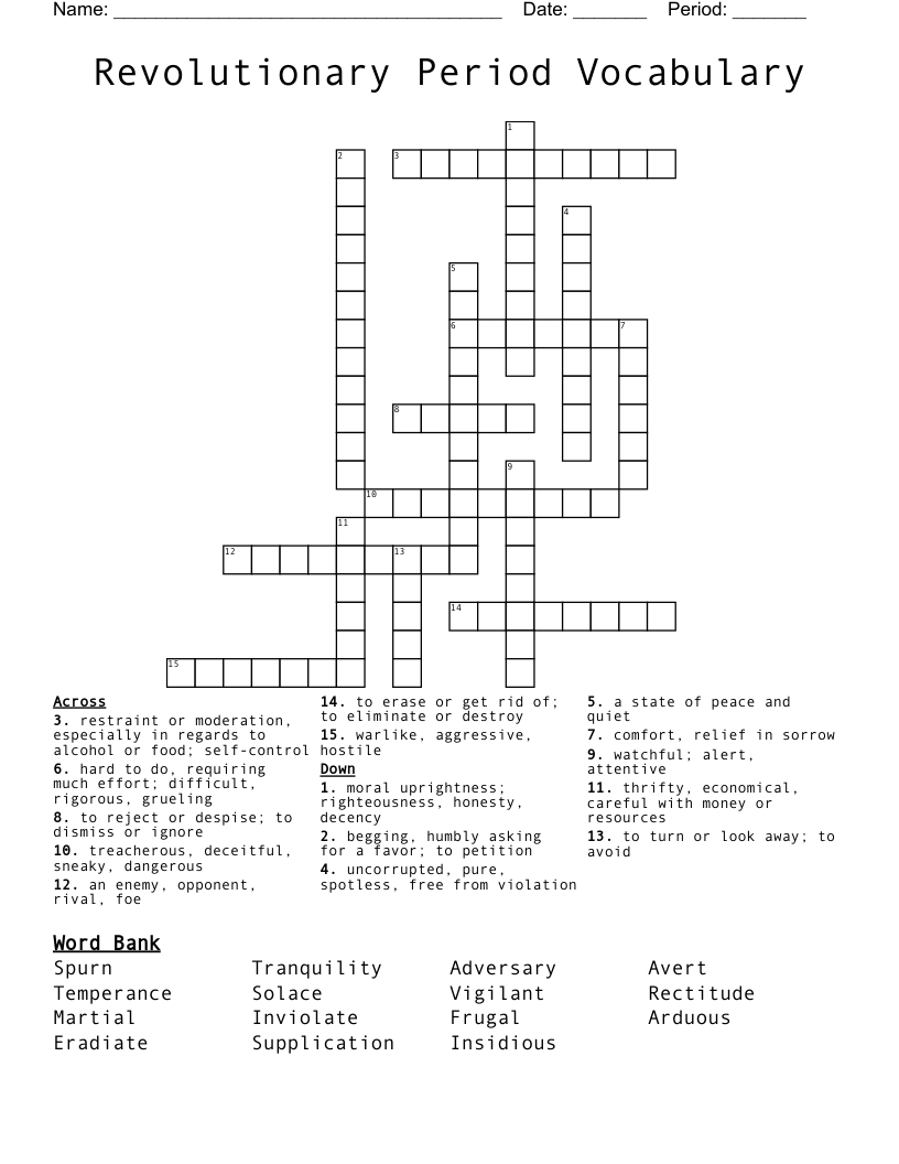 Revolutionary Period Vocabulary Crossword